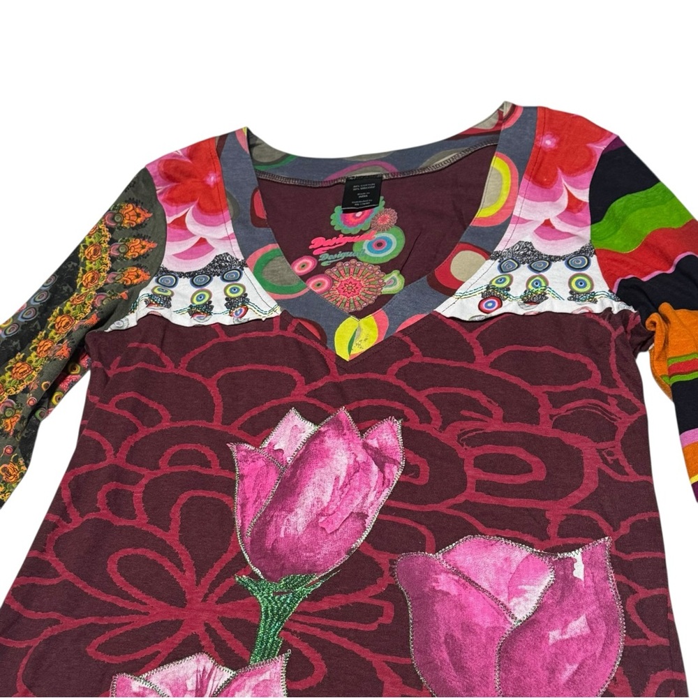 Colorful Desigual‎ long sleeve embroidered art to wear shirt sz S dopamine dress - Picture 3 of 9